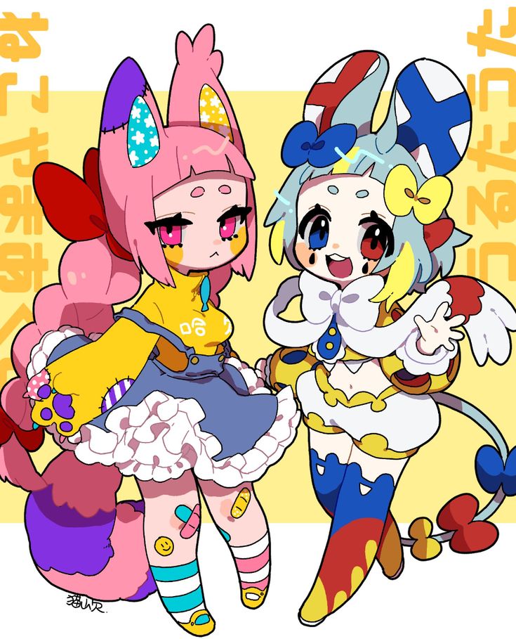 he image shows a vibrant illustration of two adorable animestyle girl characters.  one has pink hair and ears resembling a cat or rabbit, wearing a yellow top and a blue skirt, adorned with colorful accessories. the other has light blue hair with features reminiscent of a bunny, dressed in a white and gold outfit with red, blue and yellow accents. both characters have large expressive eyes and are depicted in a cheerful and playful manner. the background is a simple yellow gradient, and there's stylized text in the corners in a language that appears to be japanese. the overall style is reminiscent of children's book illustrations or character designs for a video game.