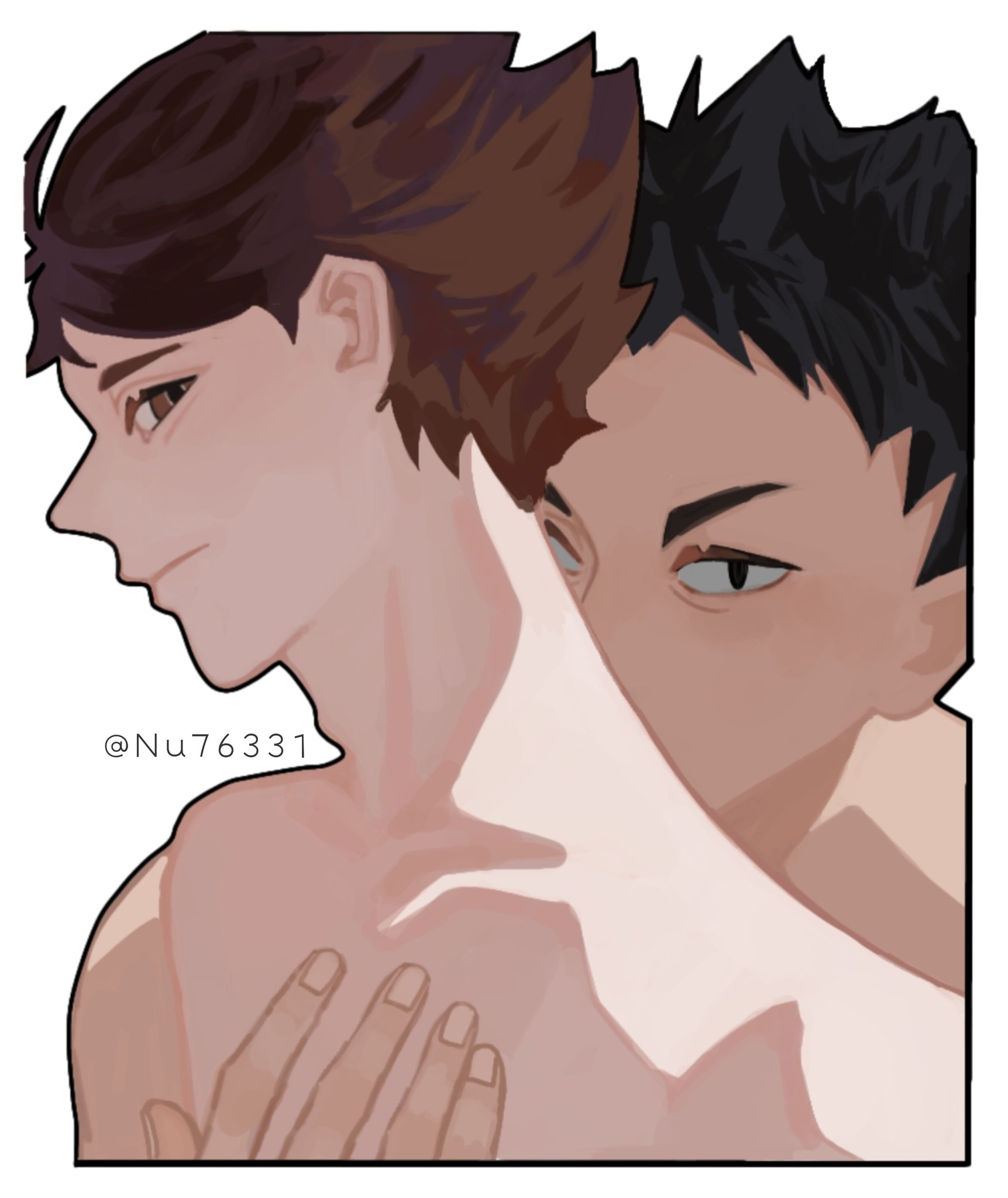 this is a digital illustration of two anime boys. the boy on the right has his arm around the boy on the left, who is looking