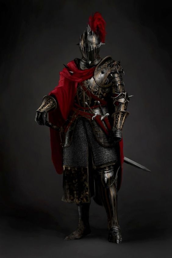 a lone knight stands poised against a dark background. his ornate, dark metal armor is intricately detailed, with hints of gold and red accents. a deep red cape drapes over his shoulders, adding a splash of color to the otherwise somber scene. his helmet, topped with a crimson plume, conceals his face, adding an air of mystery. he is armed with a sword sheathed at his side and daggers strapped to his leg, ready for battle.