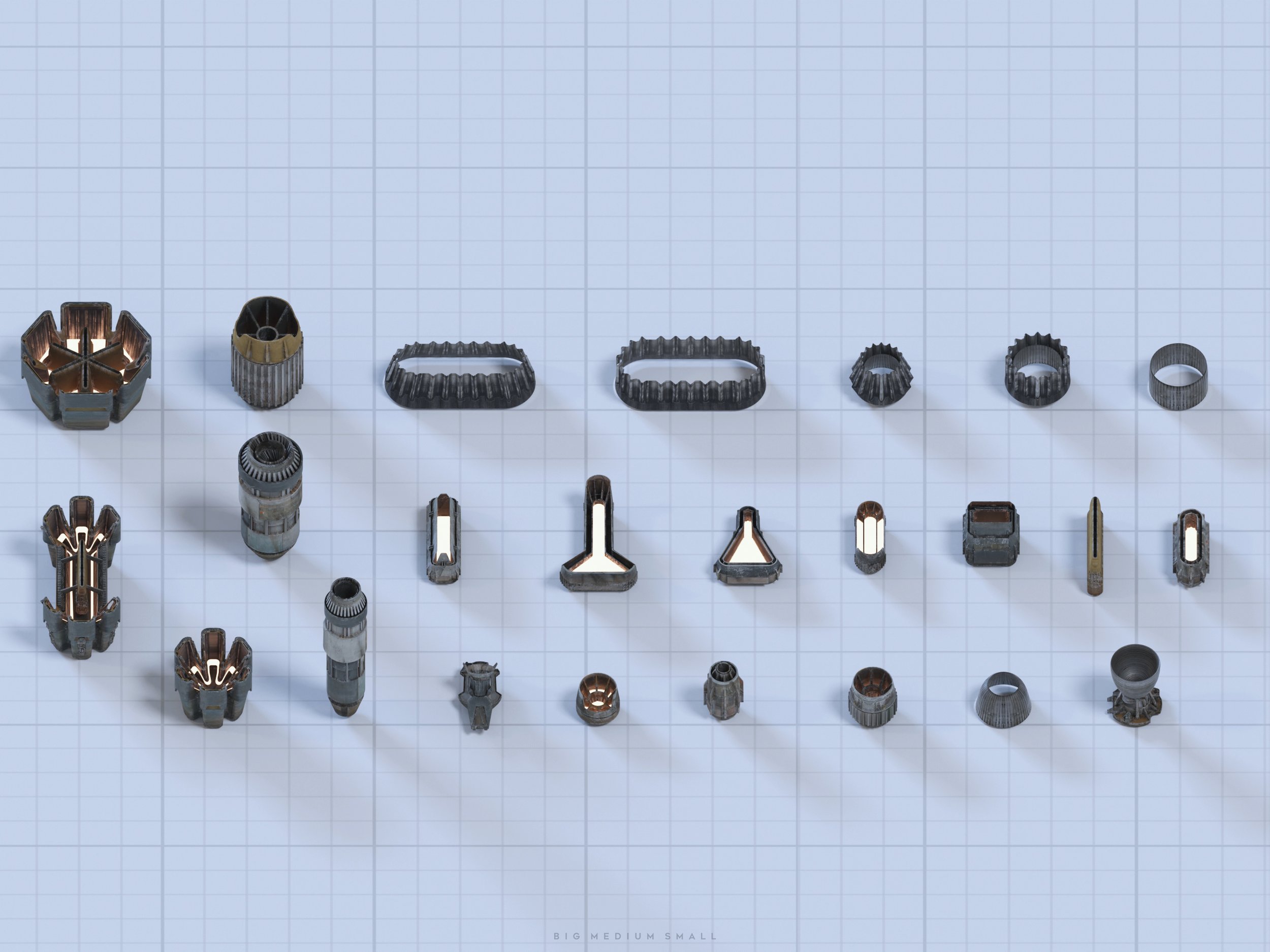 the image displays a variety of spaceship or aircraft parts meticulously arranged on a gridded background.  the parts range in size and shape, with some resembling engine components, nozzles, turbines, or other mechanical elements. the parts are rendered in a realistic style with metallic textures and subtle details.  the size categories "big, medium, small" are noted at the bottom, indicating a deliberate arrangement by size. the overall aesthetic is futuristic and technological, suggestive of a design blueprint or inventory of spaceship parts.