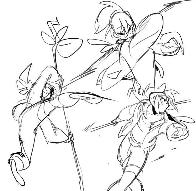this is a sketch of three anime characters in dynamic poses, engaged in a fight. they are drawn in a loose, expressive style, with a lot of motion lines and energy emanating from them. one character is wielding a sword, while another is holding a staff, and the third is in a defensive posture. the drawing is done in black and white, with only a few lines and details. the style is reminiscent of japanese manga and anime.
