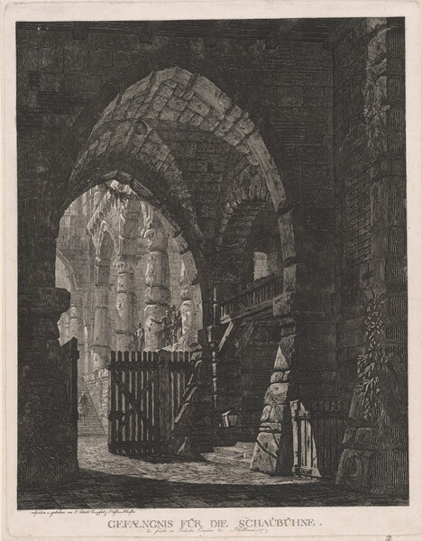 a black and white engraving titled "gefaengnis fur die schaubuhne." the artwork depicts an elaborate architectural scene, likely a stage design for a prison. it features arched doorways, stone columns, and a gated entrance, all rendered in detailed crosshatching. the image conveys a sense of depth and grandeur.