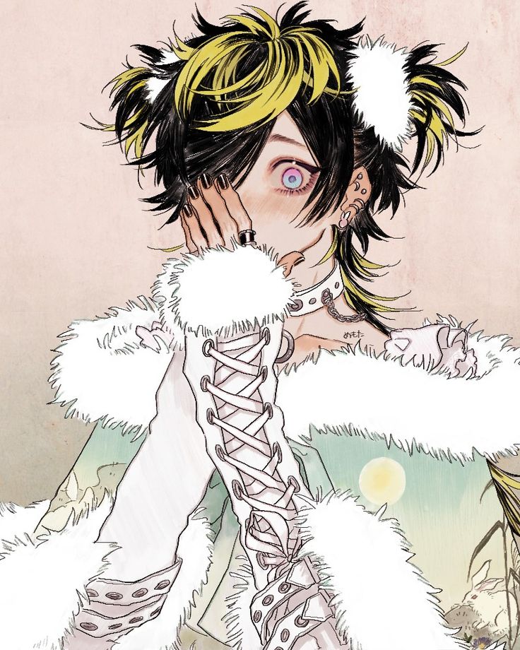the image is a detailed animestyle portrait of a young woman with striking features.  her hair is a dramatic mix of black and bright yellow, styled in a slightly messy yet deliberate fashion with fluffy white earmuffs.  she is partially covering her face with her hand, adding an element of shyness or mystery. her outfit consists of a light green garment adorned with fluffy white fur trim. the sleeves feature long, white laceup gloves. she also wears a choker necklace and several piercings. the overall style blends cute elements (fluffy fur, pastel colors) with edgier details (piercings, dark hair). the background is a soft, muted peach tone. the artistic style is highly detailed, with a blend of linework and shading that gives a textured feel to the image.