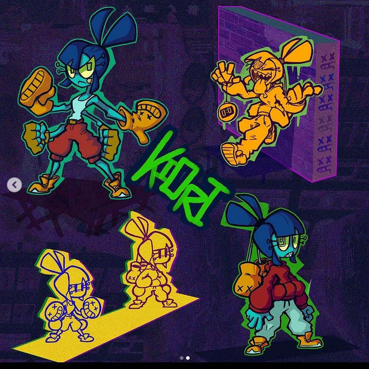 the image showcases promotional art likely for a fighting game. it features stylized cartoon characters in various dynamic poses, alluding to boxing or fighting stances. the art style is vibrant and edgy, with neon accents and graffitiinspired elements. there are four iterations of the main character showcased in different color schemes and outfits, along with a quirky antagonist character. the overall composition suggests a sticker pack or promotional material aimed at capturing the game's energetic and stylized world.