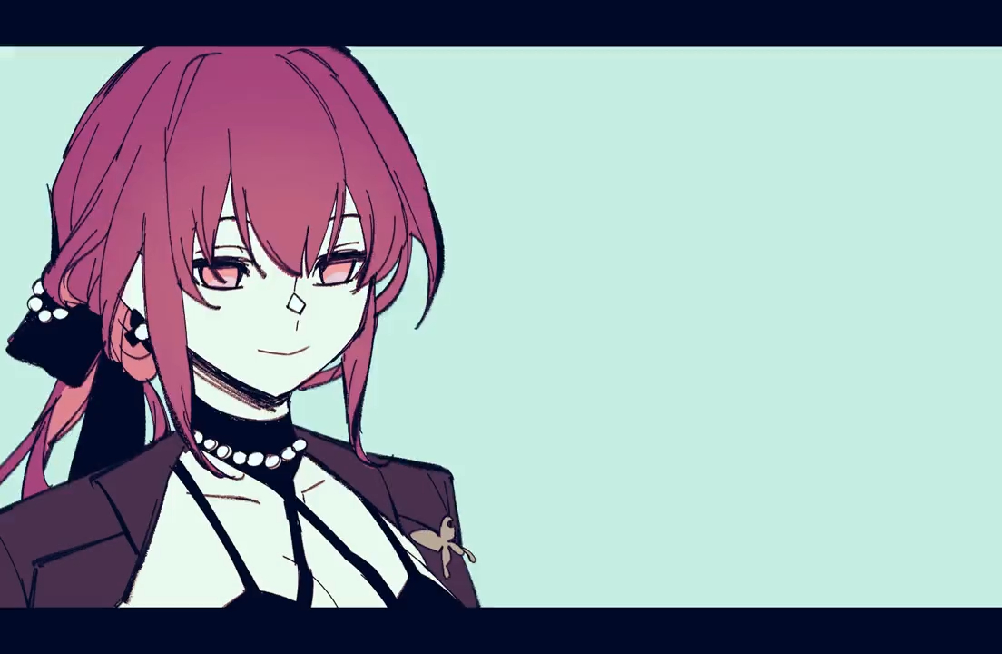 a portrait of an anime girl with pink hair, black dress, and white necklace. she is smiling and looking to the side. the background is blue.