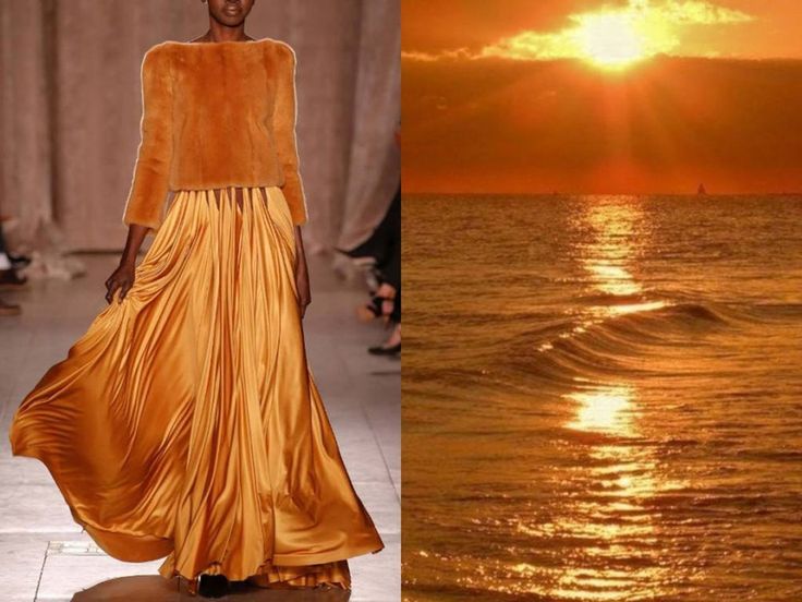 a fashion model walks the runway in a stunning orange dress and fur jacket, while a golden sunset and rippling waves create a dramatic backdrop. the scene is a perfect blend of fashion and nature.