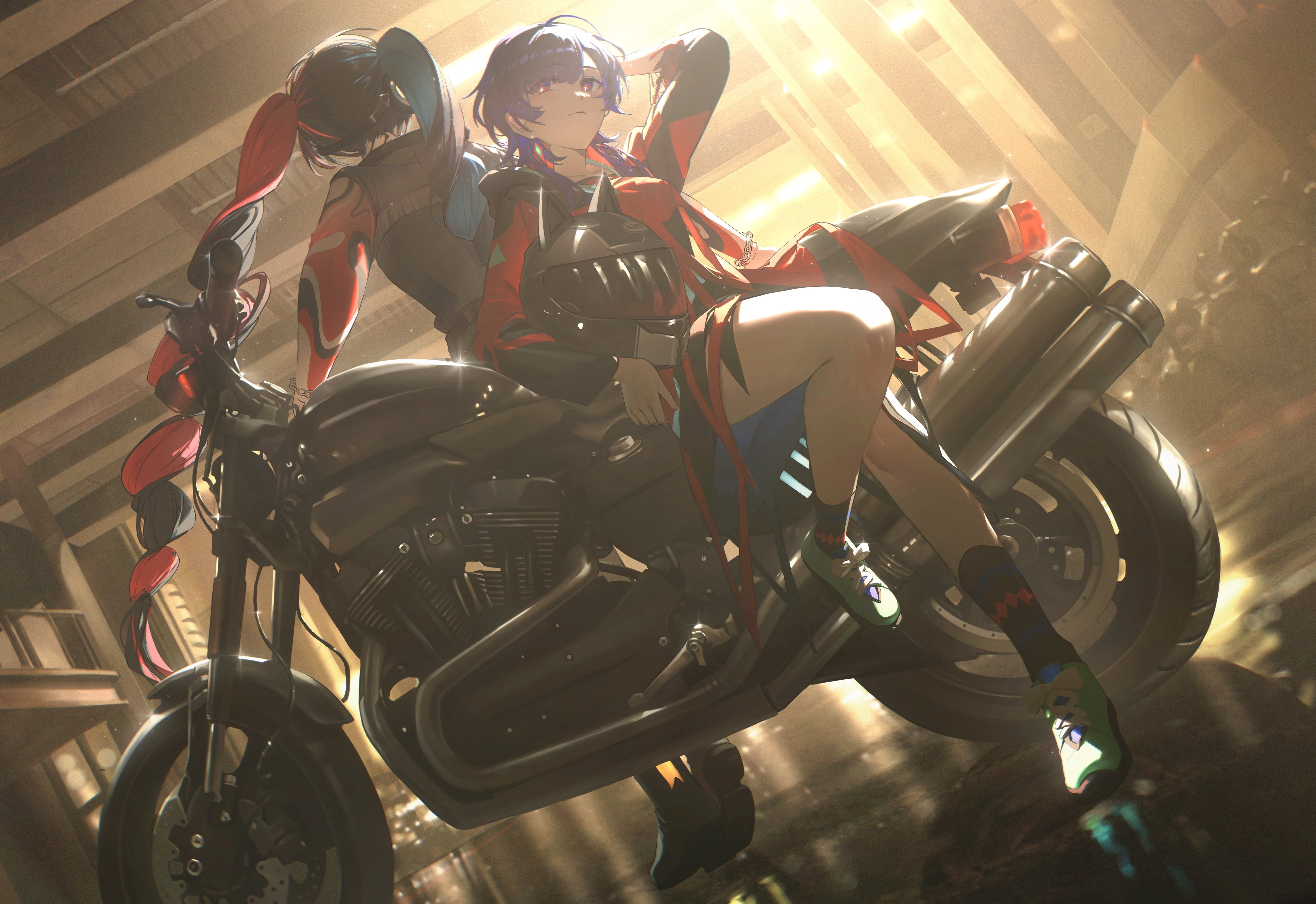 a digital illustration depicts two animestyle women posing on a motorcycle in an urban setting. the woman on the right has short purple hair and is wearing a red jacket, blue shorts, and patterned socks with green sneakers. she casually leans back against the motorcycle with one hand behind her head. behind her, the second woman with a long braided hairstyle featuring red and black is turned away slightly, wearing a matching jacket. the motorcycle is dark in color and positioned at an angle, displaying its engine and exhaust pipes. the background reveals a cityscape with stylized lighting, suggesting an urban environment.