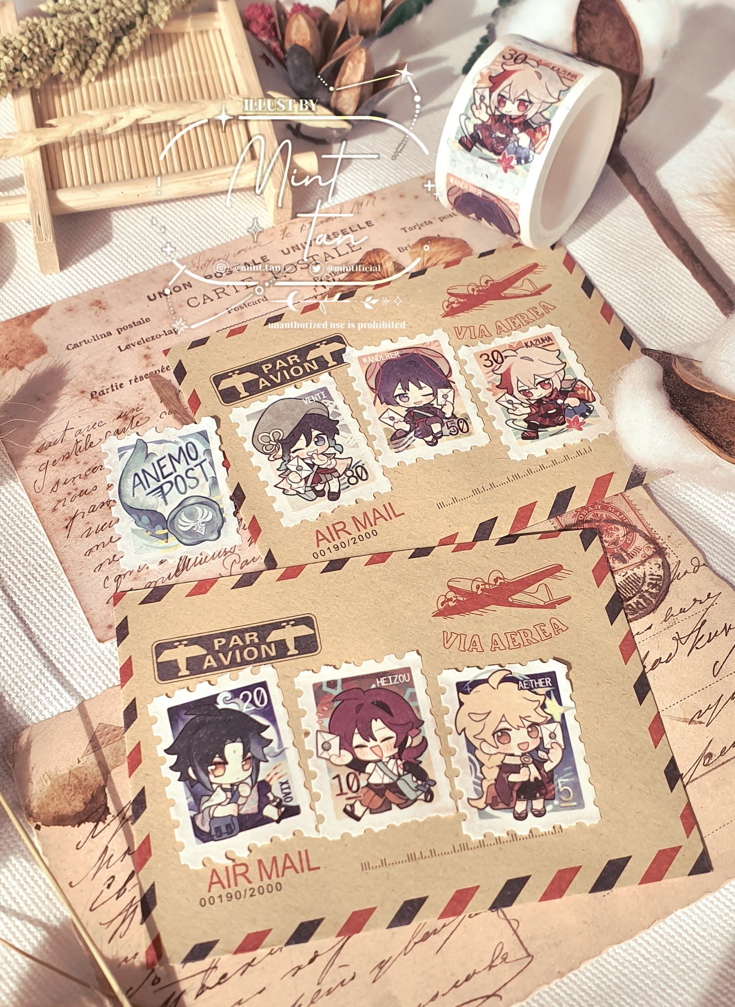 this is a closeup shot of an animestyle postcard with illustrations of different characters from the video game genshin impact. the characters are all dressed in their signature outfits and are depicted in a cute chibi style. the postcard is designed to look like a real postage stamp, with the words "air mail" and "par avion" printed on it. the postcard is framed by other decorative elements, including a small envelope and a few pieces of paper. the overall effect is playful and whimsical.