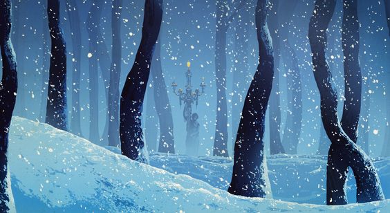 a snowy forest in the dead of night. bare trees line a snowcovered path that leads to an ornate, glowing candelabra. snow falls steadily in the bluetinted moonlight.