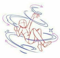 a sketch of a person seemingly falling or floating in the air surrounded by swirling lines and shapes, conveying a sense of movement and energy. the style is reminiscent of anime or manga. the person is drawn with simple lines, indicating a preliminary stage of drawing.