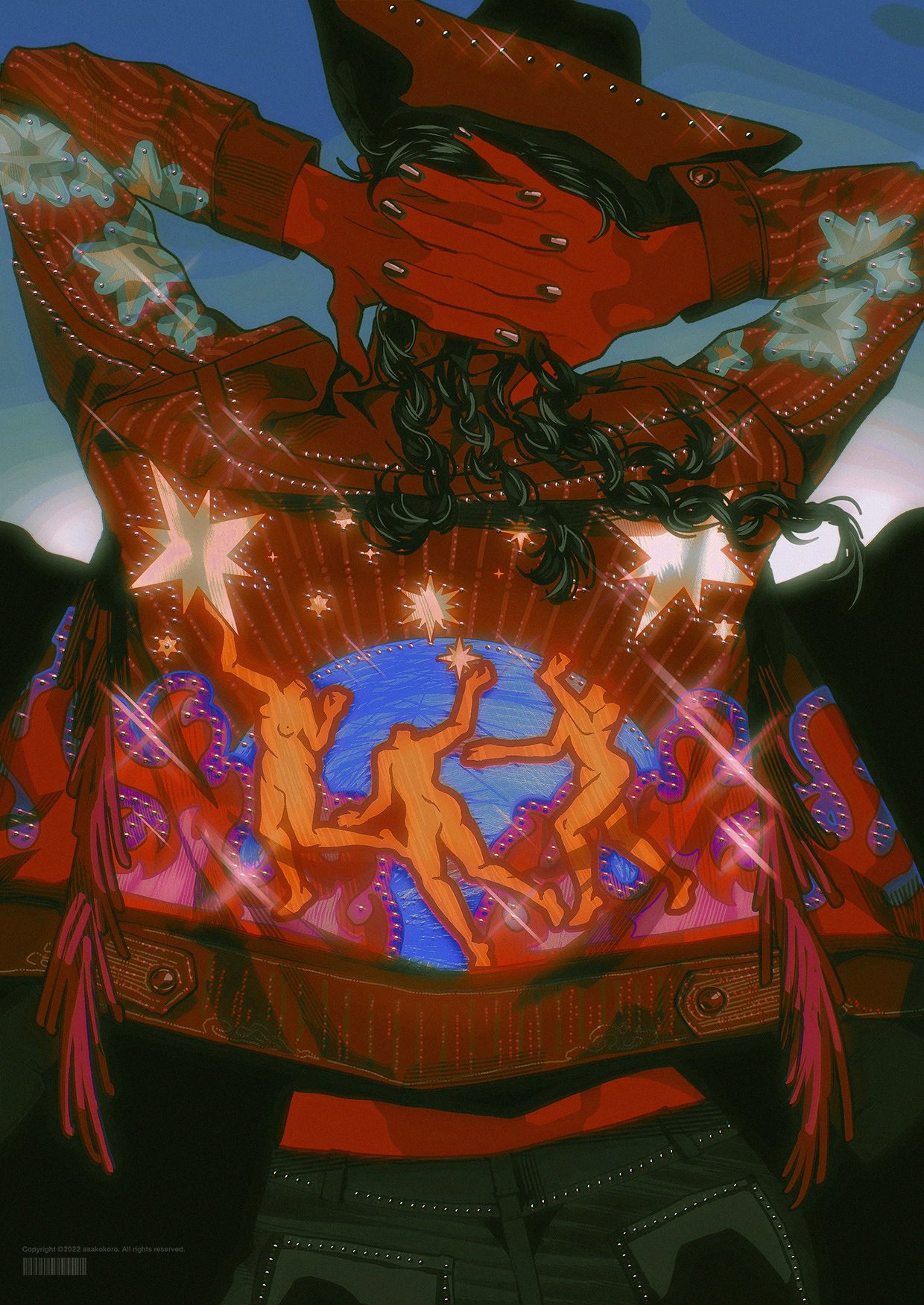 this is a digital illustration of a person from behind, wearing a cowboy hat and a highly detailed, ornate jacket. the jacket is a deep redbrown with a large, central design featuring three dancing figures in an art nouveau style. this design incorporates celestial elements like stars and a blue sphere. the jacket also has fringe detailing, prominent stitching, and shimmering embellishments. the person's hands are behind their head, and their long, dark hair cascades down their back. the background features a gradient blue sky. the overall aesthetic of the image is a blend of western wear and art nouveau, rendered in a vibrant, slightly vintageinspired palette.
