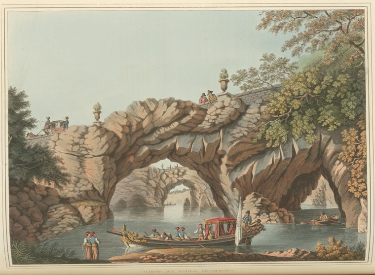 the image is an illustration of a picturesque scene at villa scarrosa. a large, multiarched stone bridge dominates the scene, with people walking and standing on it. a horsedrawn carriage is seen on the left side of the bridge. an ornate boat with several passengers is in the foreground on the water. two figures stand on the shore nearby. the landscape includes trees and foliage, adding to the natural beauty.
