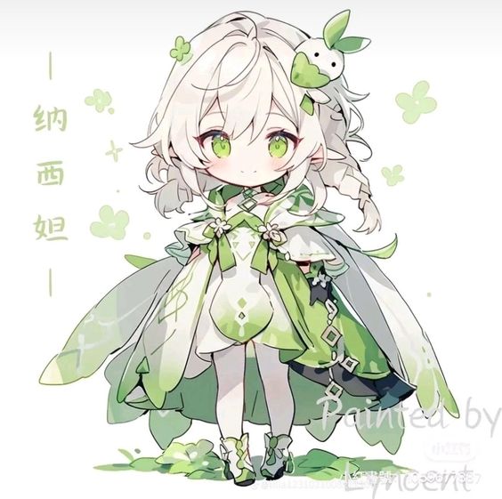 a chibistyle drawing of an anime girl with white hair and green eyes. she has elflike ears and is wearing a flowing white and green dress with leaf and flower motifs. the background is simple with some hints of green and the text "painted by" partially visible.  the overall aesthetic is cute and whimsical.