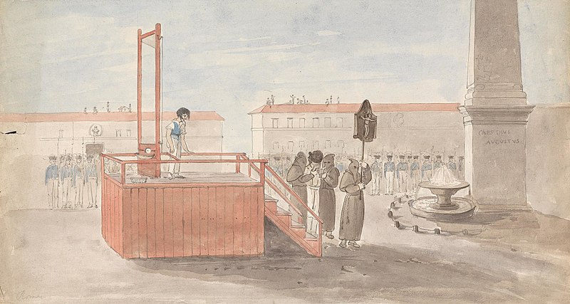 a watercolor drawing depicts a public execution in a plaza. a guillotine stands prominently on a red wooden platform, with an executioner standing next to it. several monks holding a crucifix stand to the side. a line of soldiers stands in the background, facing the platform. in the distance, buildings line the plaza, and an obelisk and a fountain are also visible. the scene appears to be a historical depiction of a capital punishment event.