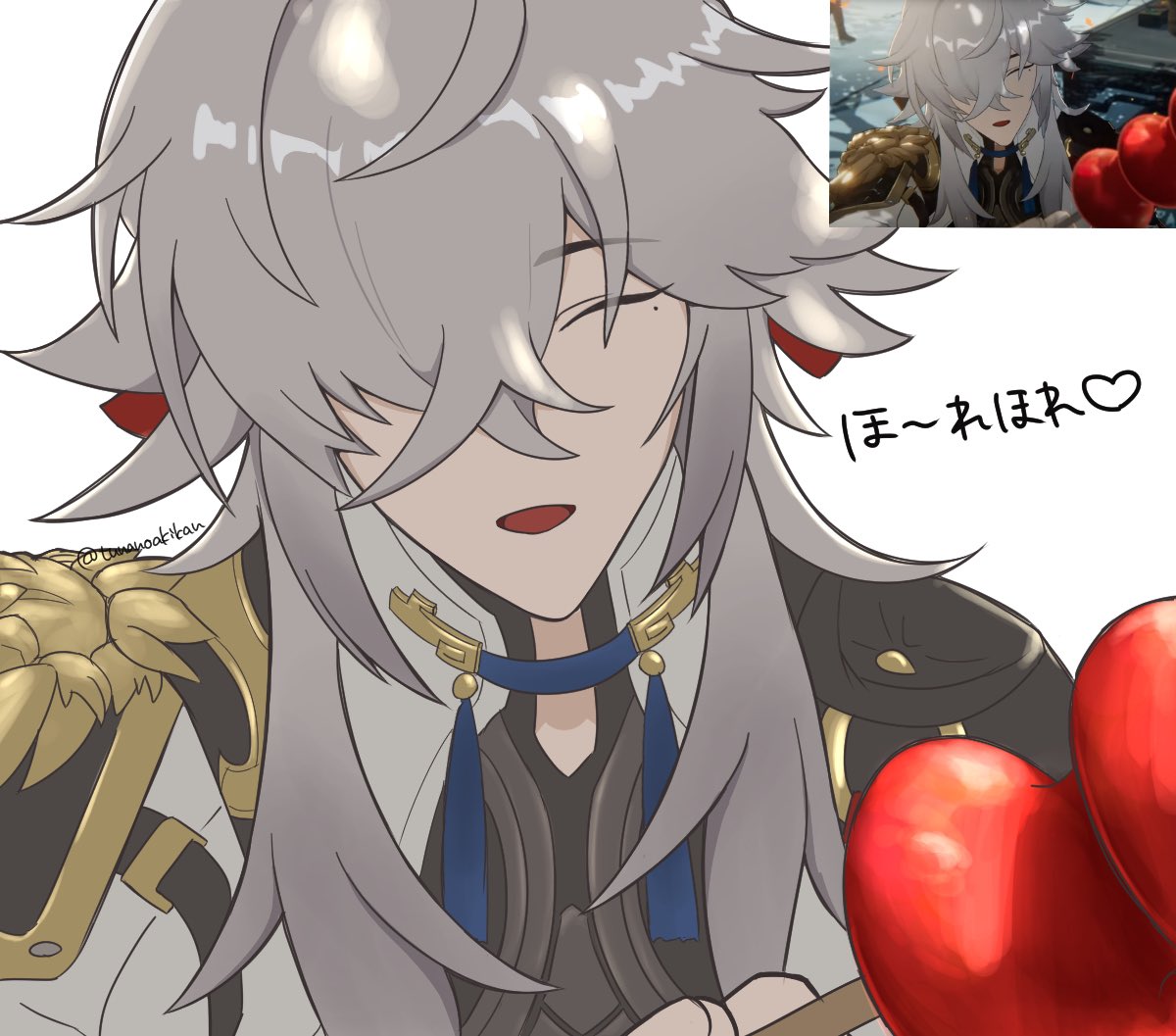this is a digital art illustration of an anime character, albedo from genshin impact. he is holding two red hearts. he is smiling and his eyes are closed. the background is white, with a small image of him on the top right corner, with some hearts. there's japanese writing on the right side.