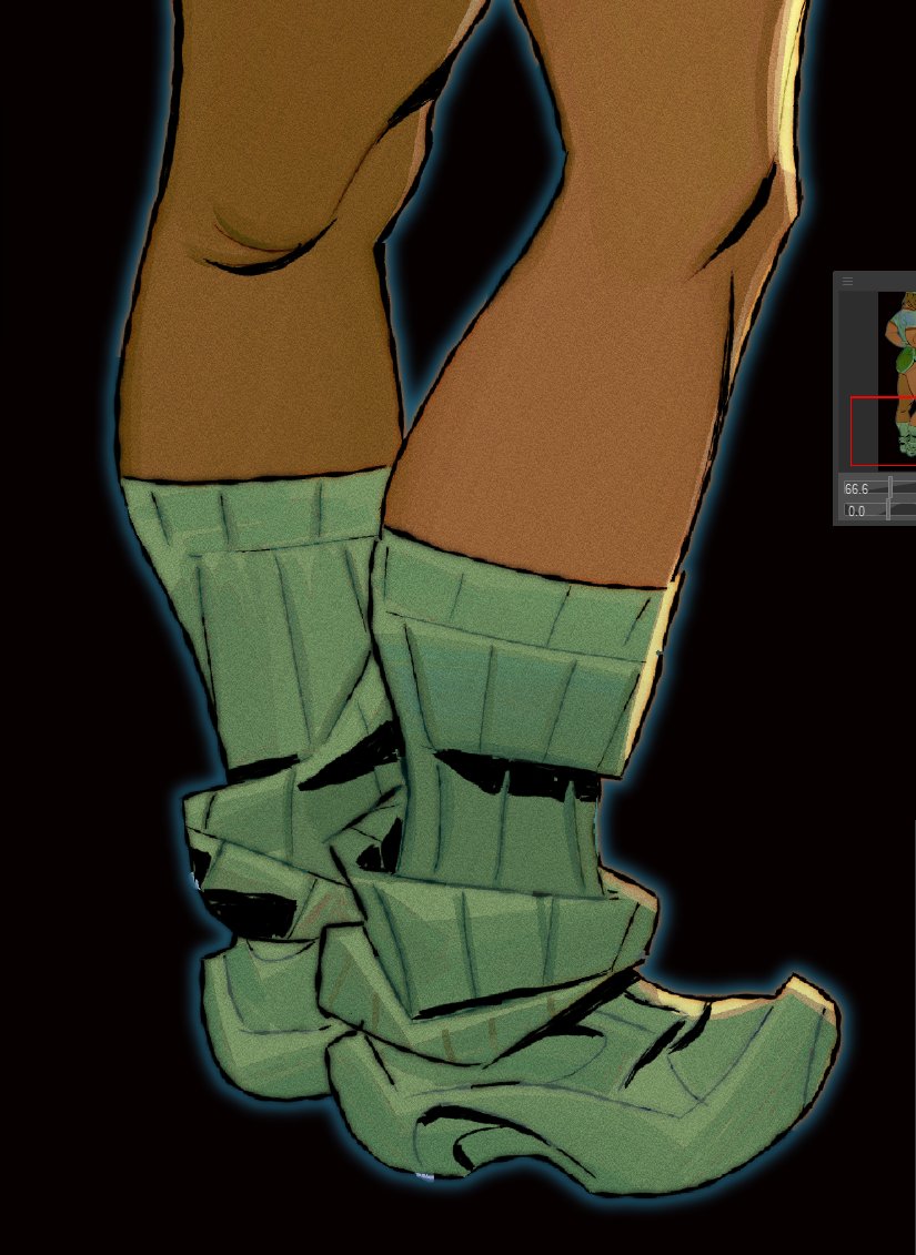 the image is a closeup illustration of a character's legs and feet, likely from a comic book or animation. the character has brown skin and is wearing thick, chunky, olivegreen shoes over matching ribbed socks. the art style is stylized and cartoonish. a small inset shows a 3d model of the character's legs and feet, suggesting this image is potentially concept art or a frame from animation. the background is dark, focusing attention on the character's lower body. the overall impression is one of a dynamic and expressive character design.