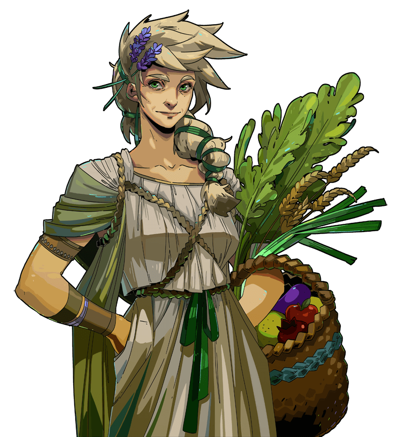 a female character, drawn in a colorful anime style, is holding a basket of fresh vegetables and fruit. she is wearing a white tunic with a green sash tied at the waist. she has long, flowing blonde hair that is braided with lavender flowers. she appears friendly and cheerful.