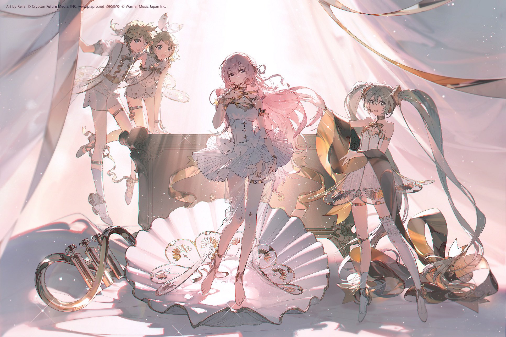 the image is a pastelcolored illustration depicting various vocaloid characters in a fantasy ballet setting. from left to right: kagamine len and kagamine rin stand atop a piano or stage, both dressed in white ballet attire with fairy wings. in the center stands megurine luka, with pink hair and a pale blue dress, posing on an ornate seashell. to her right is hatsune miku, also in ballet attire with her signature green pigtails, posed gracefully. a trumpet is visible on the left side of the image. the artwork is signed by rella and includes copyright information for crypton future media, inc., piapro, and warner music japan inc. the overall aesthetic is delicate, airy, and dreamlike.