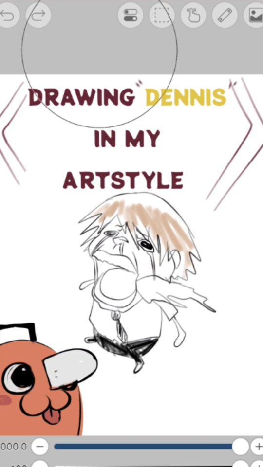 the image is a screenshot from a digital art app, showing a work in progress.  the title at the top reads "drawing 'dennis' in my artstyle". the main focus is a rough sketch of a character, possibly named dennis, drawn in a style reminiscent of anime or manga, with exaggerated features and emotive lines. the character appears to be crying or upset.  there is a secondary, simpler cartoon character in the bottom left corner.  the screenshot includes the app's interface elements like undo/redo buttons and drawing tools. the background is white, and a gray circle appears to be a selection tool overlay.  the overall impression is a casual digital drawing session.