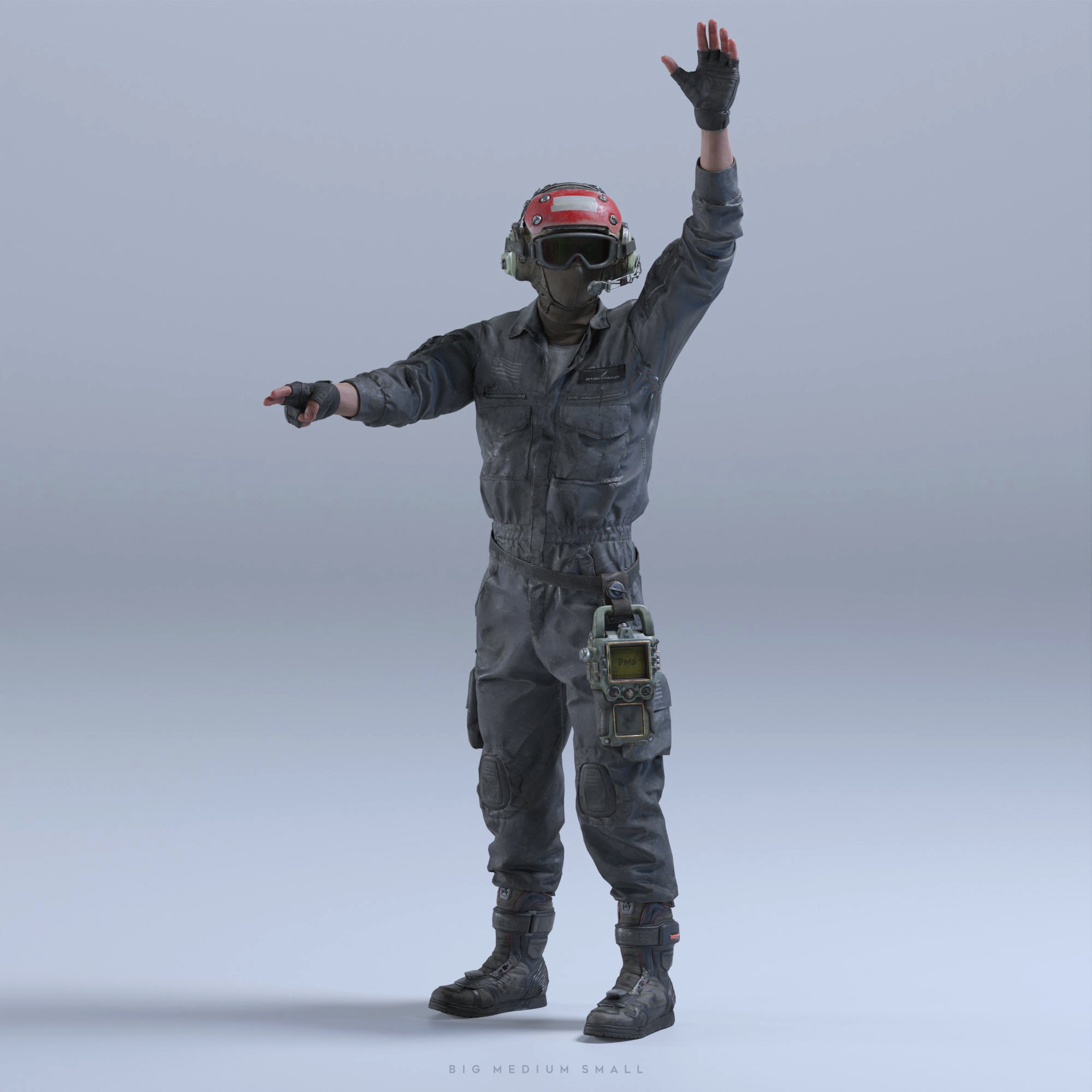 a 3d render of a futuristic soldier, possibly a pilot, wearing a grey jumpsuit, helmet with goggles, and gloves. he is giving a hand signal, seemingly communicating or directing something. he carries a device on his hip and stands on a plain light grey background. the image has a slightly gritty and realistic texture. the overall style suggests a military or combat setting.