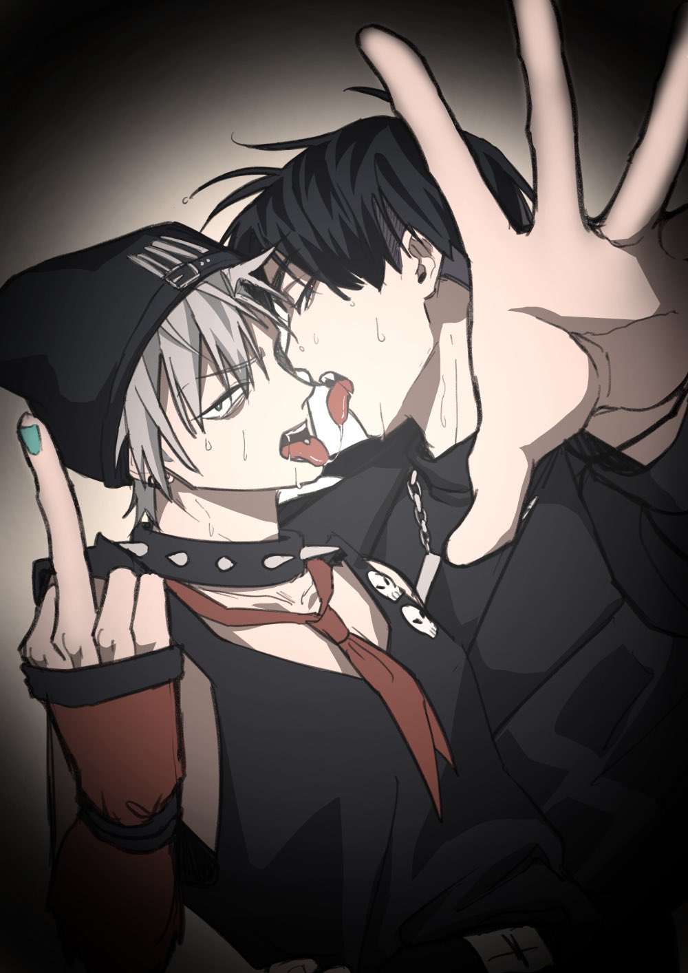 this is a digital art piece of an anime couple. the characters are both male, one with black hair and the other with white hair. the black haired character is kissing the white haired character on the cheek. the white haired character is looking at the black haired character with an expression of love. they both have black clothing on
