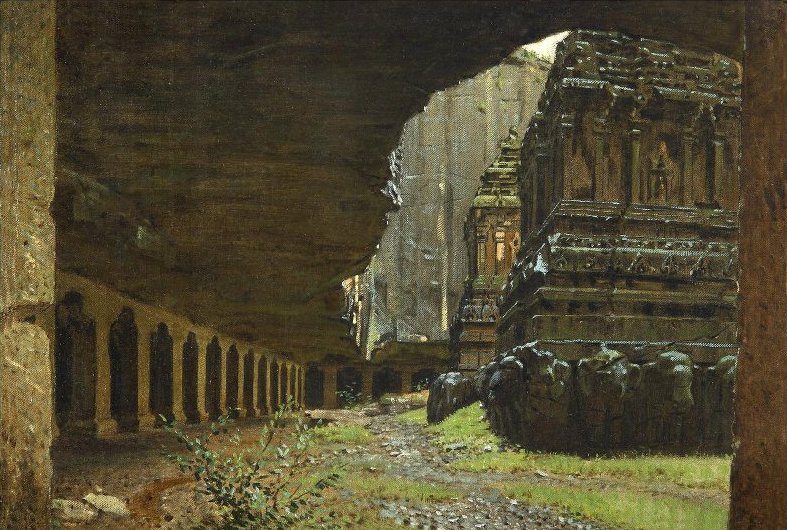 the image shows a painting of an ancient temple complex within a cave or rockcut structure. the foreground features a pathway with greenery leading up to a temple with tiered levels, intricate carvings, and sculptures. the temple is partially illuminated by light from an opening in the rock face above. to the left, a long row of columns forms an archway or portico extending into the depths of the cave, creating a sense of depth and perspective. the painting uses a muted color palette and realistic detail to depict the historical and architectural elements.