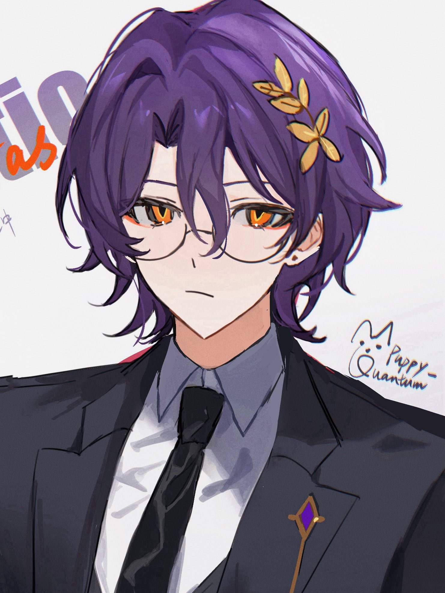 an anime boy with purple hair and glasses is wearing a black suit and tie. he has an orange flower in his hair.