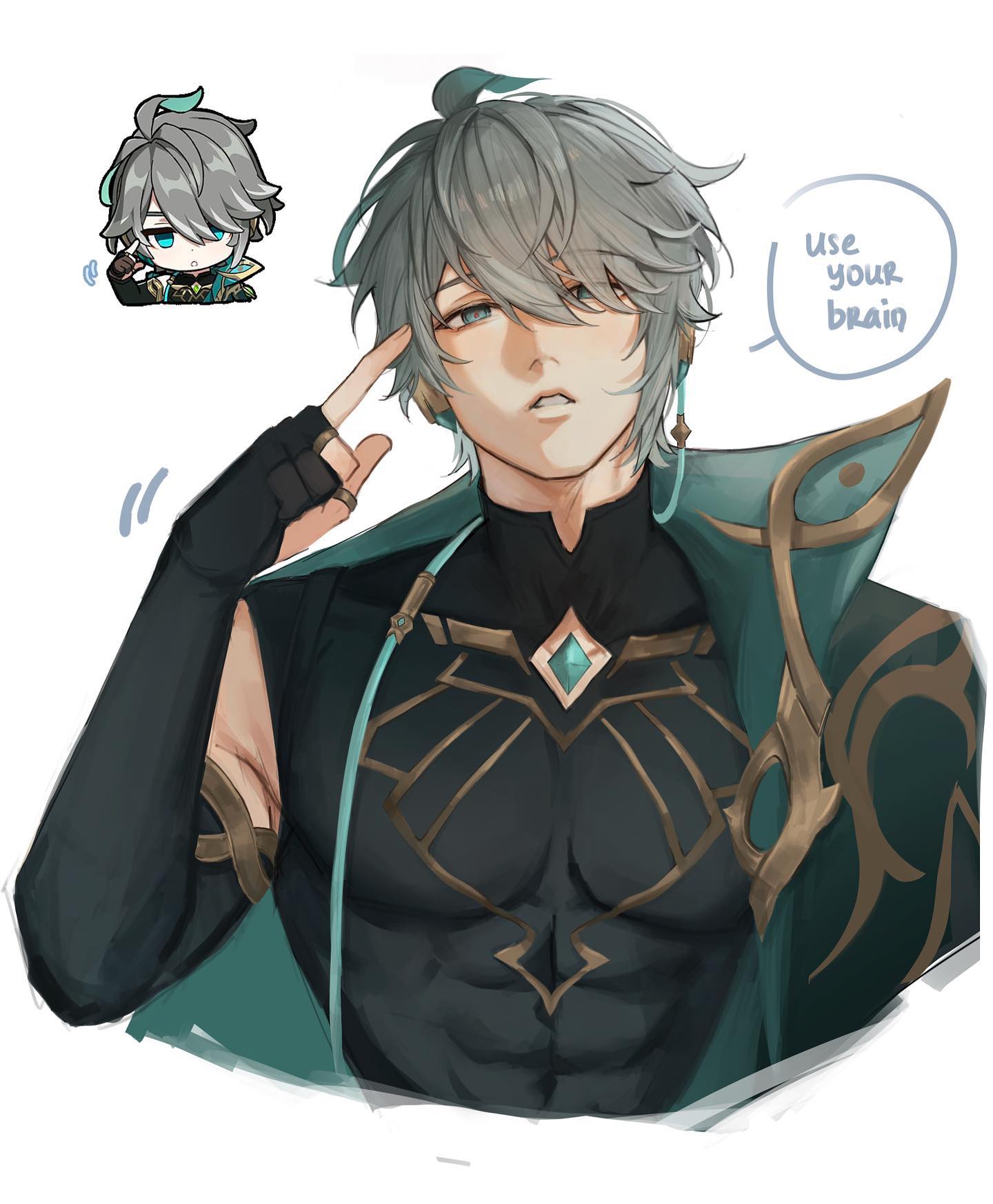 the image is a piece of fanart depicting a character strongly resembling aether from the video game genshin impact.  he's presented in a more mature and muscular style than his ingame appearance. he has his hand on his head in a thoughtful pose,  and a thought bubble next to him reads "use your brain." a small chibistyle version of a character resembling aether's twin, lumine, appears in the upper left corner. the art style is animeinfluenced, with soft shading and a focus on expressive eyes and detail in the character's clothing.  the overall tone is playful yet thoughtful.
