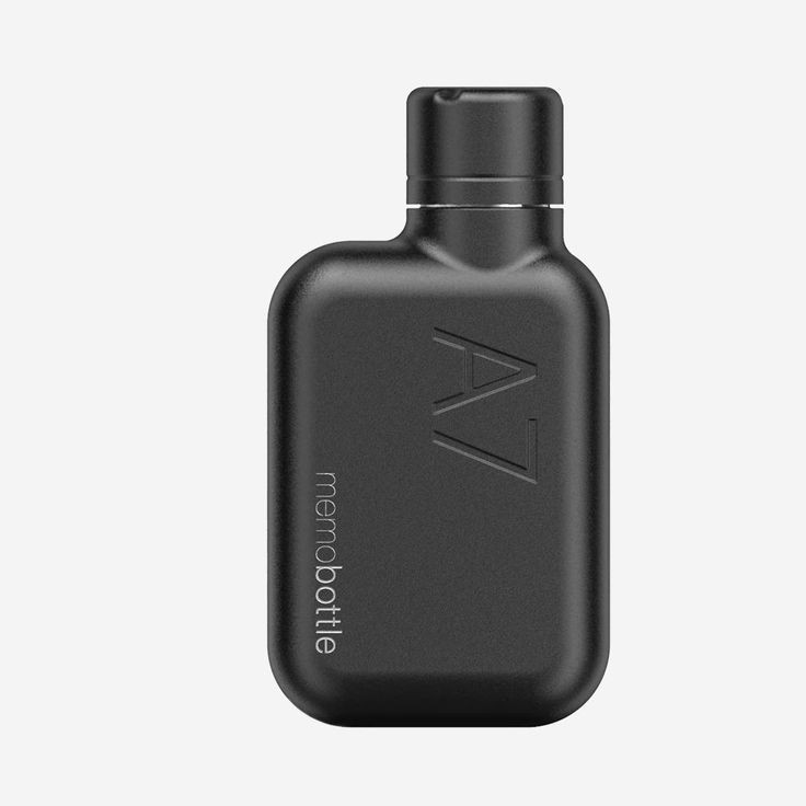 a closeup shot of a black memobottle, a7 model, against a plain white background. the bottle is rectangular and has a rounded top, with the words "memobottle" written vertically down its side. the "a7" is engraved on the bottle's front.