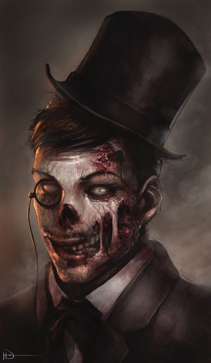 a close up portrait of a zombie gentleman. the subject is wearing a top hat and monocle and has a very creepy and unsettling expression. the image is very gory and detailed, with blood and guts visible on the face.