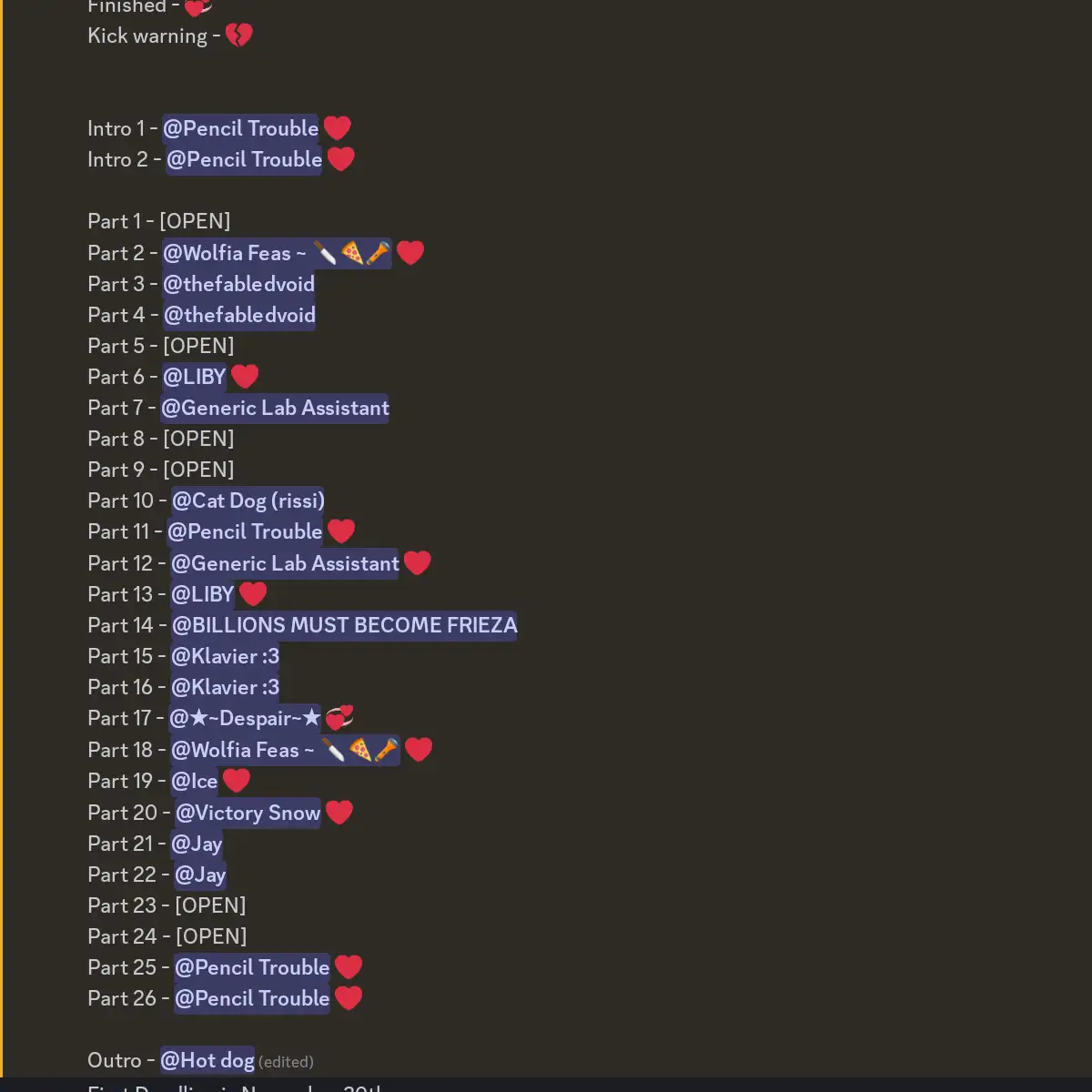 the image shows a list of video titles from a youtube video series, with each item in the list indicating the part number, title, and username for the video. there are usernames used in the titles and each item is followed by a heart emoji or other emoji. there are  @username at the beginning of most parts of the video.