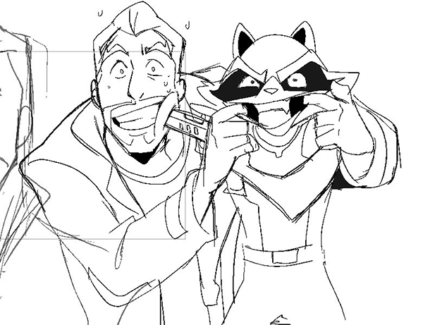 a black and white sketch of a man with a raccoon standing next to him, both are holding a pistol and grinning with toothy smiles. the man is dressed in a jacket and the raccoon has a cape. the scene is set in a cartoonish style and there is a humorous tone to the image.