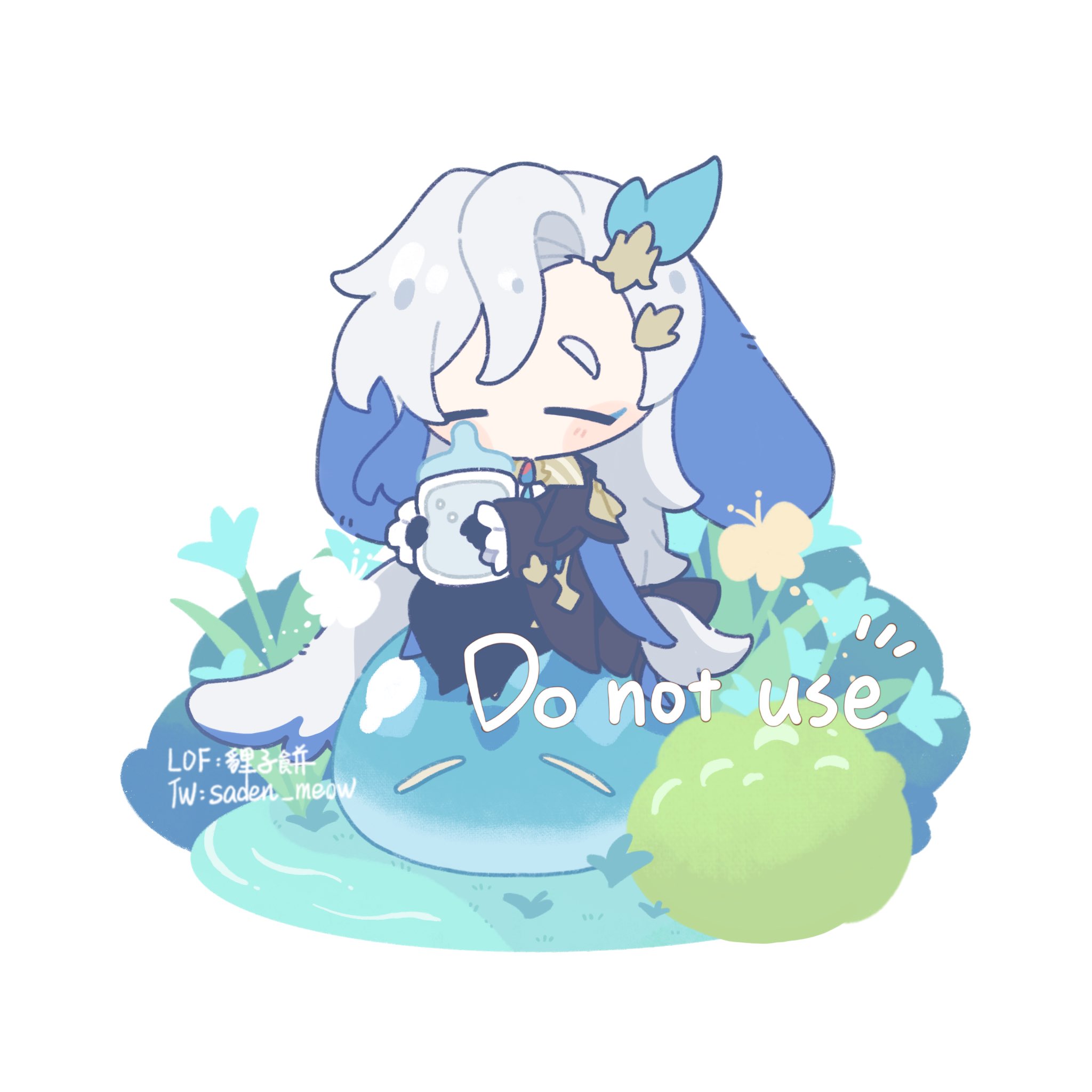 the image is a cute chibistyle drawing of albedo from genshin impact. he is depicted as a small, adorable character with white hair and blue clothing, sitting on a blue slime.  he's holding a baby bottle, and the overall scene is very pastel and peaceful, with flowers and water around him. the words "do not use" are written across the image, likely indicating that it's not for public use or redistribution.
