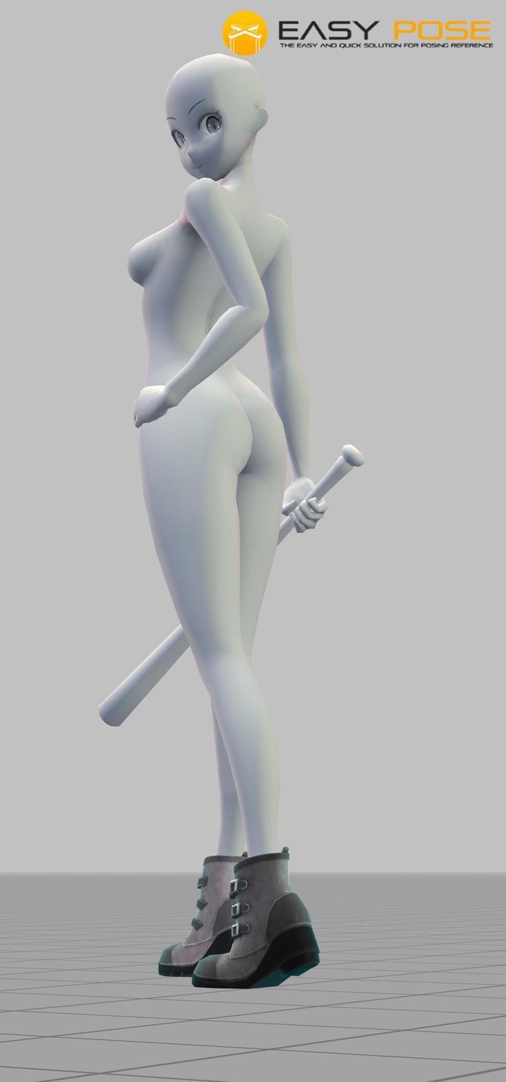 a 3d render of a female anime character standing in a grey background. she's holding a baseball bat and wearing boots.