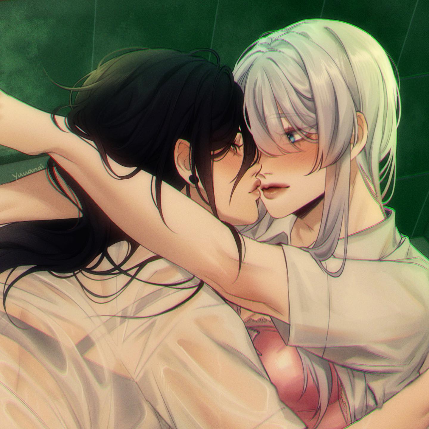 he image is a digital drawing or painting of two animestyle girls intimately embracing and kissing.  the girl with long black hair is wearing a slightly transparent, wetlooking lightcolored shirt, while the girl with long white hair is wearing a white buttonup shirt over a pink undergarment. their expressions are tender and passionate.  the background is a blurred dark green suggesting an outdoor setting.  the art style is soft, with subtle shading and highlights creating a romantic and sensual atmosphere. the overall impression is one of intense romantic connection and affection between the two characters.