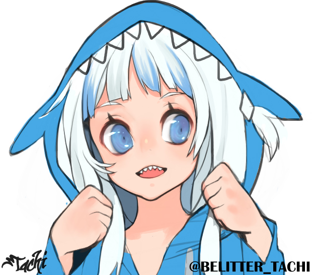a closeup illustration of an anime girl wearing a blue shark hoodie. she has large blue eyes, white hair with blue streaks, and a cheerful expression.