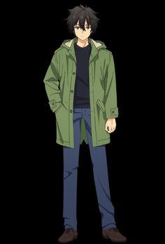 an anime male character with black hair wearing a green jacket, black shirt, and blue jeans.