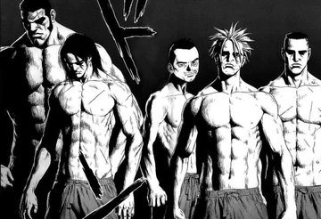 a black and white drawing of 6 muscular men with serious expressions. they appear to be a group and are standing in a line. the style of the drawing looks like japanese manga or comic.  the image has a slight low angle.
