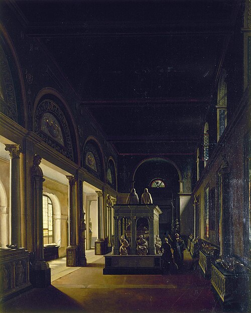 the painting depicts the interior of a basilica, possibly basilica di san paolo fuori le mura, characterized by architectural arches, pillars, and columns. light streams through windows, creating a dramatic contrast with the darkness of the interior space. in the center of the image, there is a tomb with religious figures. the scene includes several people, some of whom are standing near the tomb, possibly in prayer or contemplation. the composition suggests a renaissance style with detailed architectural elements and a religious setting. the stained glass windows contribute to the overall ambience of the interior space.