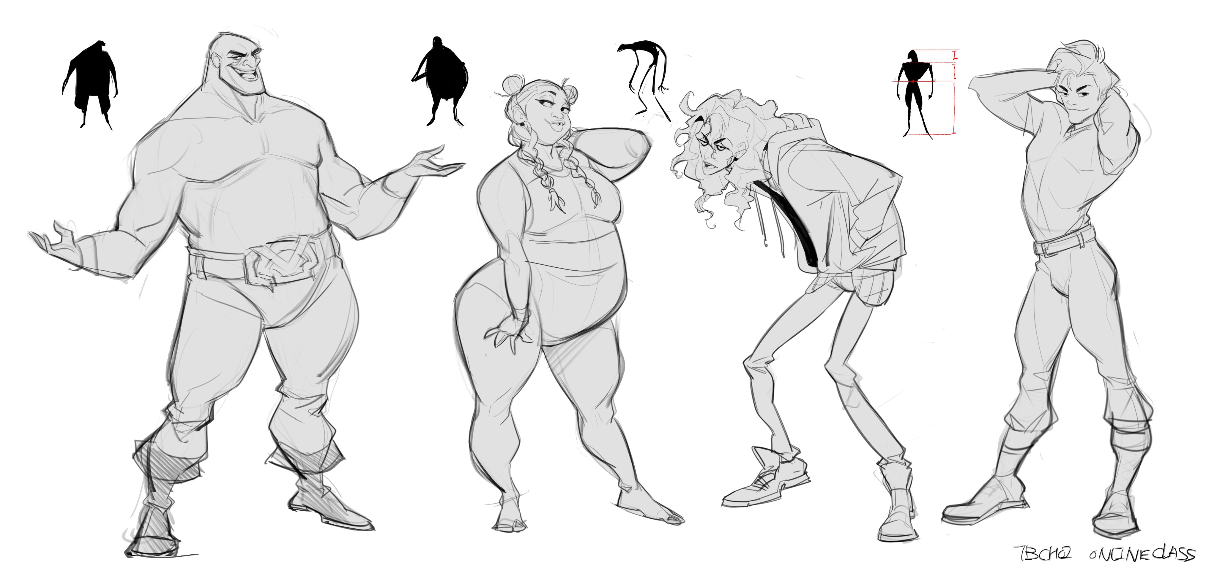 the image contains five character sketches, each with a corresponding silhouette.  the characters vary in body type, representing a diverse range of shapes and sizes – including a muscular male, a curvy female, a slender female, and two others with unique proportions. the sketches are loose and dynamic, focusing on pose and gesture rather than precise detail.  the silhouettes help to illustrate the underlying forms and balance. the style is reminiscent of concept art for animation or illustration, with a slightly rough, unfinished look.  there's a signature at the bottom right corner indicating an online class source.