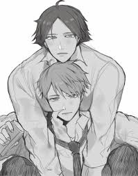 a grayscale animestyle illustration depicts two young men in a close embrace.  the man on top has his arms around the man below him, who is looking down with a thoughtful expression.  both have dark hair and are dressed in what appears to be school uniforms; buttondown shirts and ties.  the style is tender and intimate, suggesting a romantic relationship between the two characters.  the overall tone is soft and suggestive of affection.