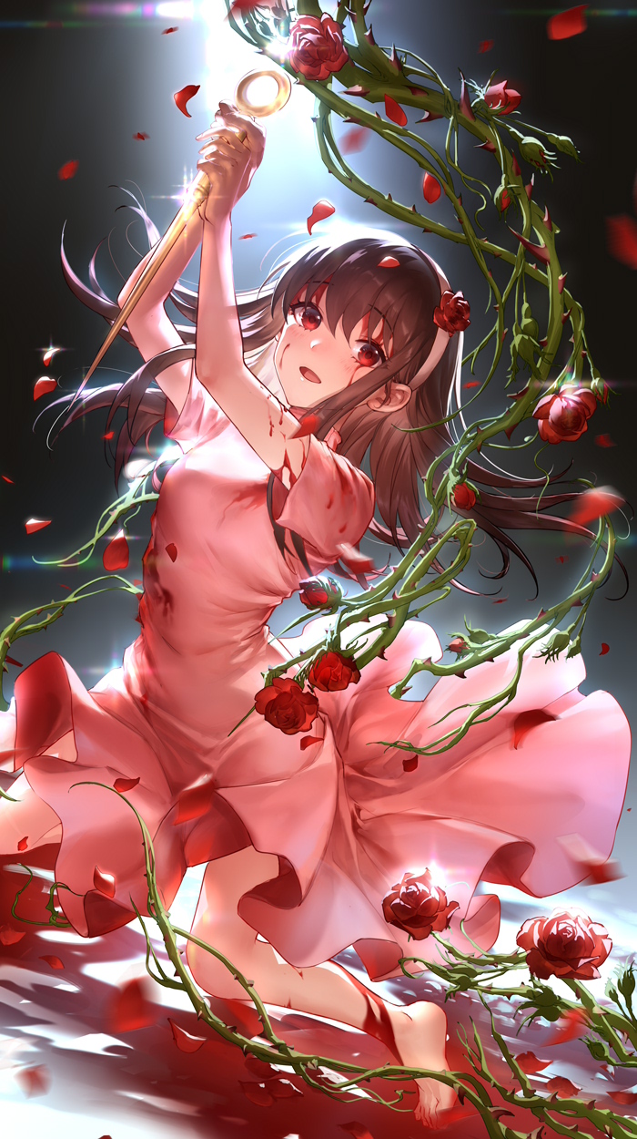 the image is a digital painting of an anime girl in a pink dress. she is surrounded by thorny vines with red roses.  she appears to be injured, with blood splattered on her dress. the overall mood is dark yet beautiful and dramatic, with a focus on the girl's elegant pose and the vibrant colors of the roses and blood contrasted against the darker background.  she holds a golden, ornate staff or wand. the scene is richly detailed and evocative.