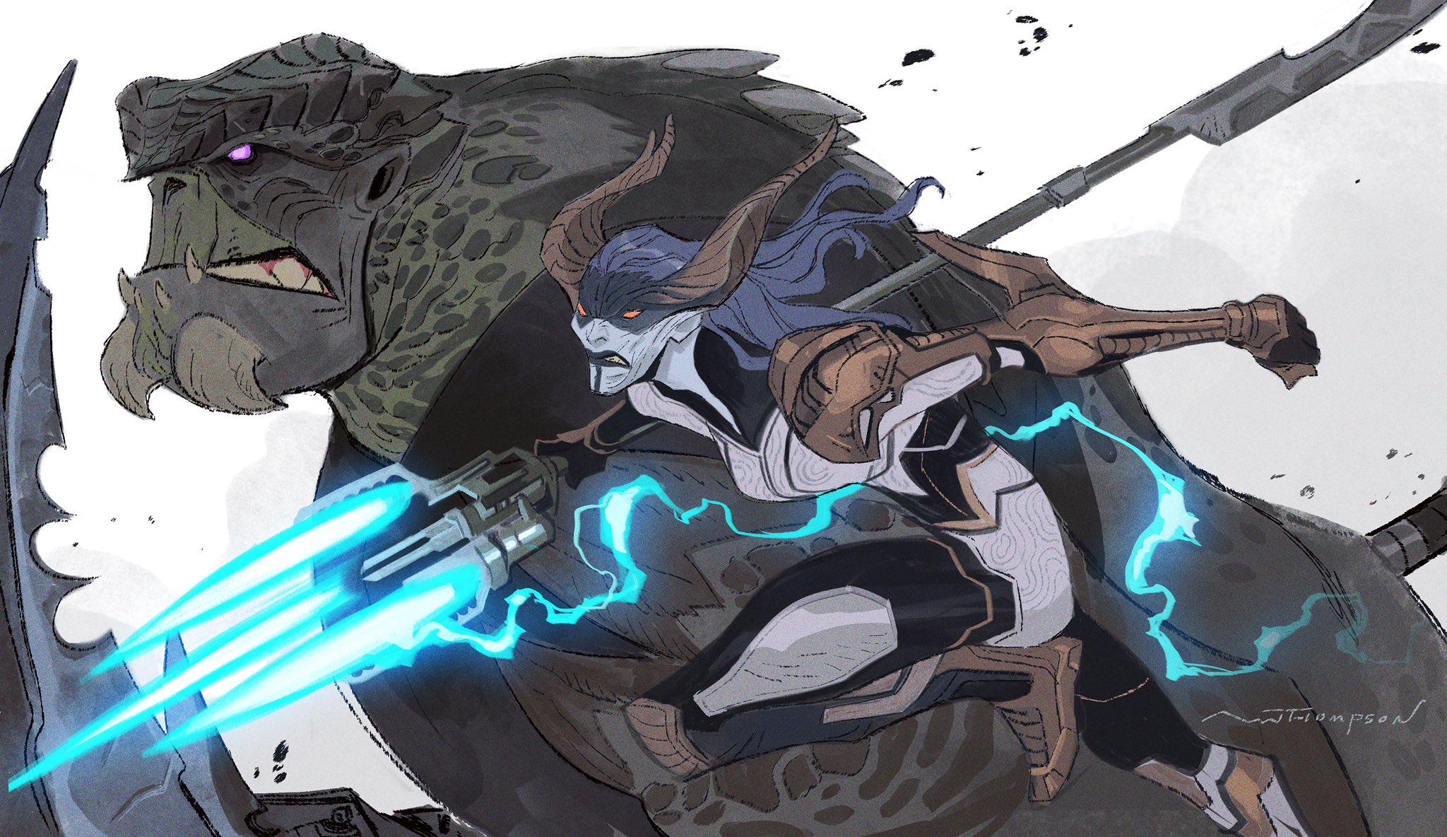 a fantasy illustration of a monstrous creature with blue skin and three horns, holding a glowing blue weapon. the creature is wearing a black and gold armor. the monster is fighting a giant, reptilian creature with sharp teeth. the background is a dark, grey and white color.