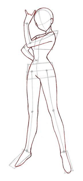 a line drawing of a female anime character in a standing pose with one hand raised above her head.
