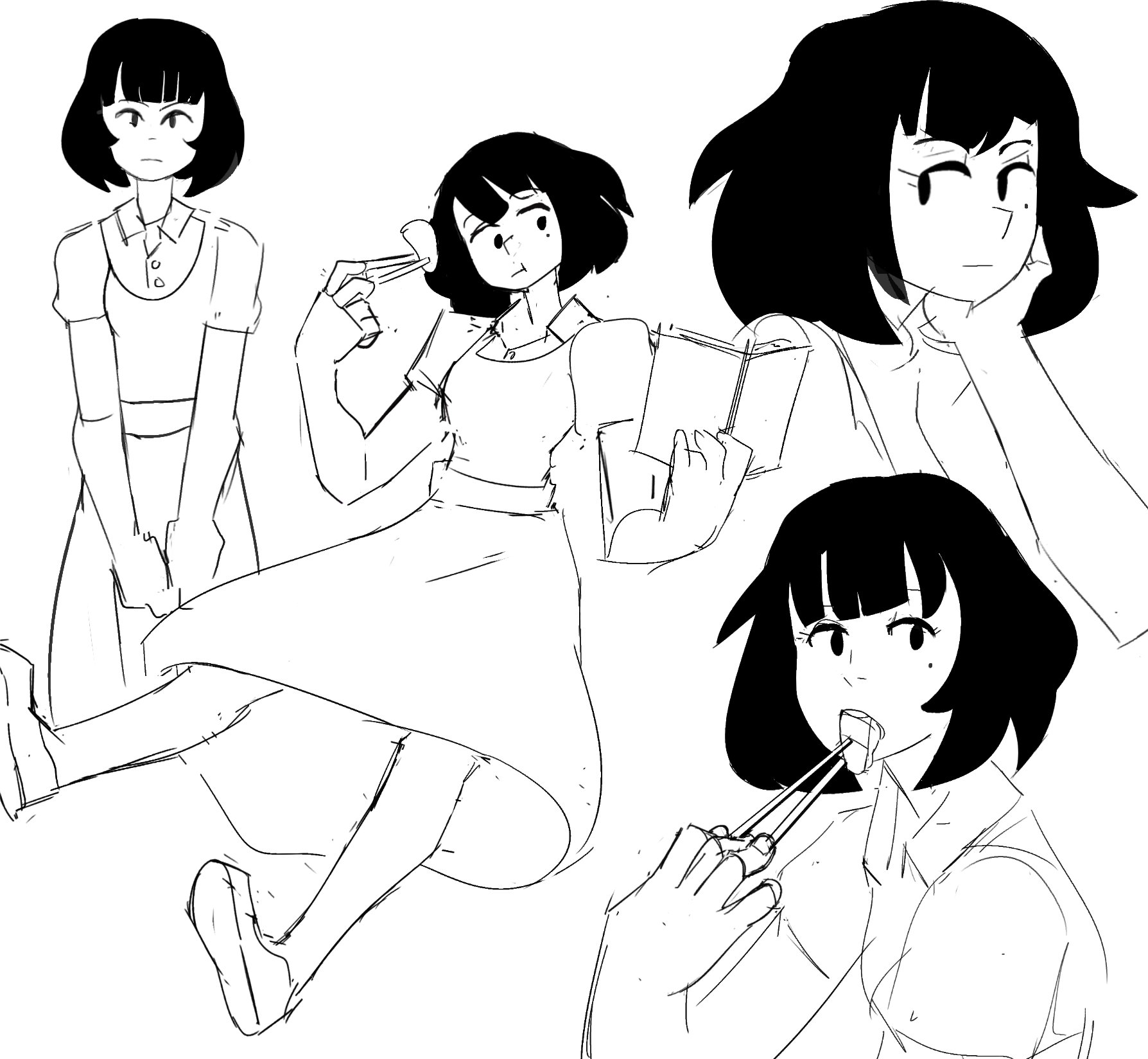 this is a sketch of four anime girls. all four of them have black hair and are drawn in a cartoon style. the first girl on the left is wearing a dress and is standing with her hands clasped. the second girl is sitting down with her legs crossed and holding a book. the third girl is also sitting down with her legs crossed and is eating with chopsticks. the fourth girl is sitting down with her legs crossed and looking to the right. they are all drawn in a very simple style and have big eyes and small mouths.