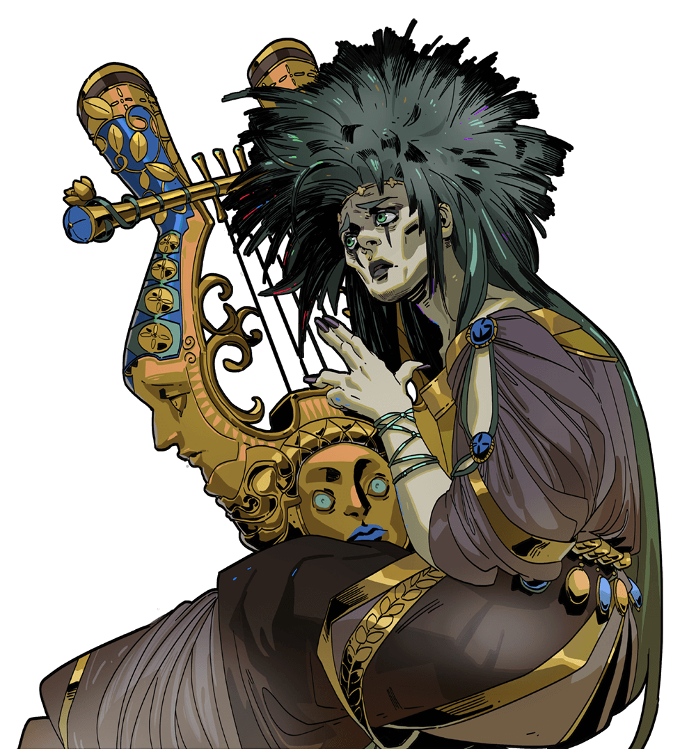 a digital illustration of a woman playing a harp. she has long dark green hair, blue eyes, and a sad expression. she is wearing a long, flowing robe with gold and purple trim. the harp is made of gold and has blue and white detailing. the background is white.