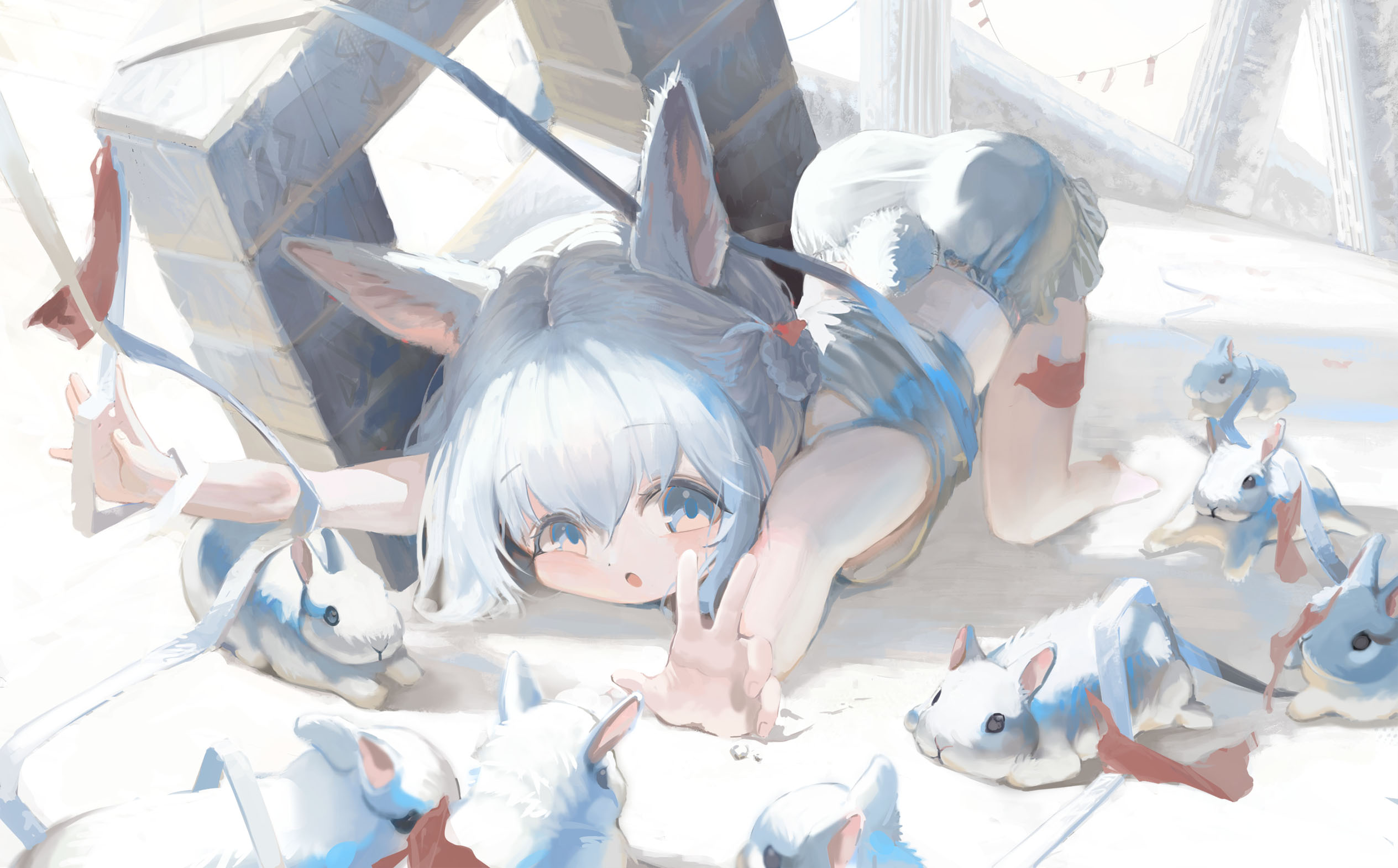 he image is a digital painting of a cute anime girl with white hair and bunny ears. she is wearing a white and beige outfit and is surrounded by many small white rabbits. the setting appears to be a sandy area with ruins in the background, bathed in soft, bright light.  the overall style is soft and dreamy. the girl looks to be interacting with or perhaps playing with the rabbits.  the art style is painterly and detailed, yet maintains a light and airy feeling.
