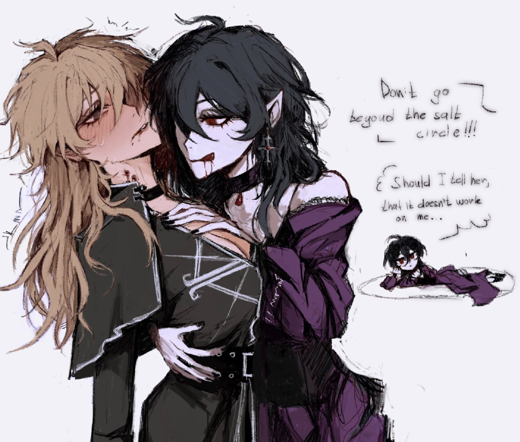 he image is a digital drawing or fanart depicting a romantic scene between two animestyle characters. a blonde haired girl is being embraced by a darkhaired vampire girl.  the vampire girl has fangs visible and is biting the blond girl's neck. the blonde girl appears somewhat distressed, and there's a thought bubble from the vampire girl expressing concern about whether or not to reveal the salt circle doesn't work on her. a small chibilike version of the vampire girl lies defeated in the background suggesting the salt circle has no effect. the art style is sketchy and somewhat dark, with shading and linework contributing to the overall gothic and romantic atmosphere.
