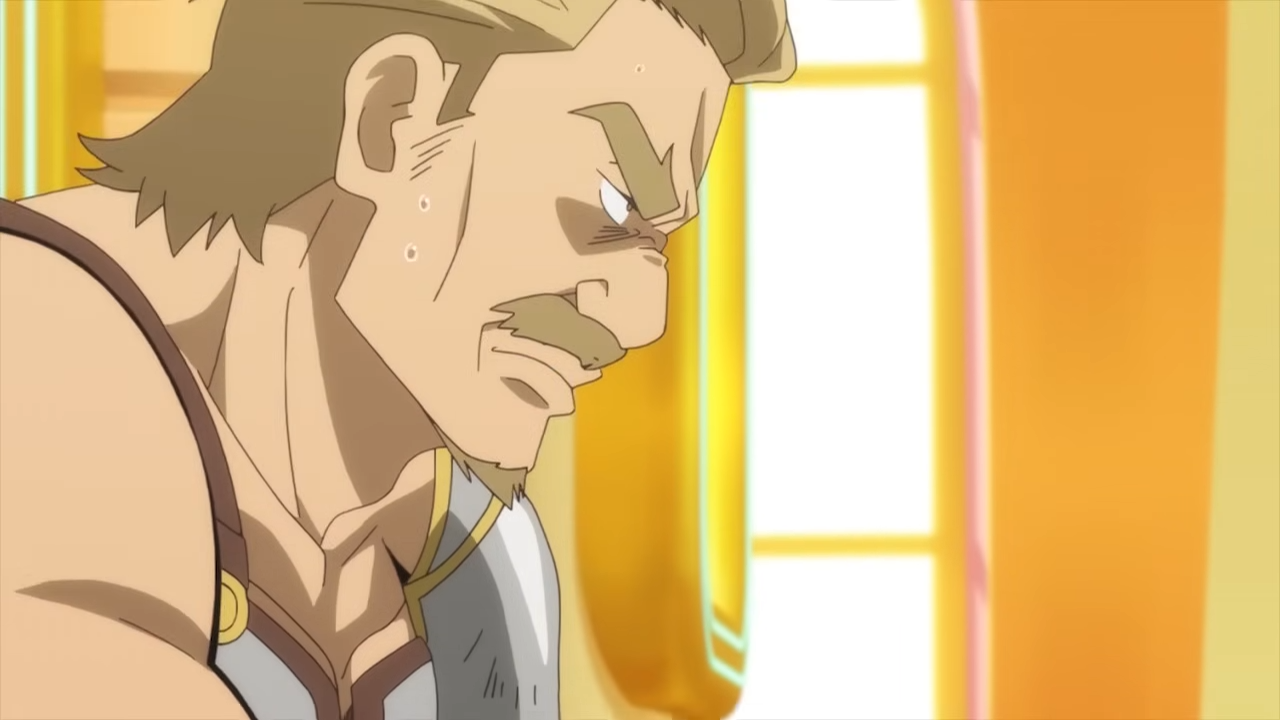 a closeup portrait of a muscular, blond man with a stern expression. he is lit by soft, bright lighting. the environment suggests he's indoors in a lavishly decorated room.  he wears a metal shoulder pad, hinting at armor.  his furrowed brow and set jaw convey seriousness, anger, or determination.