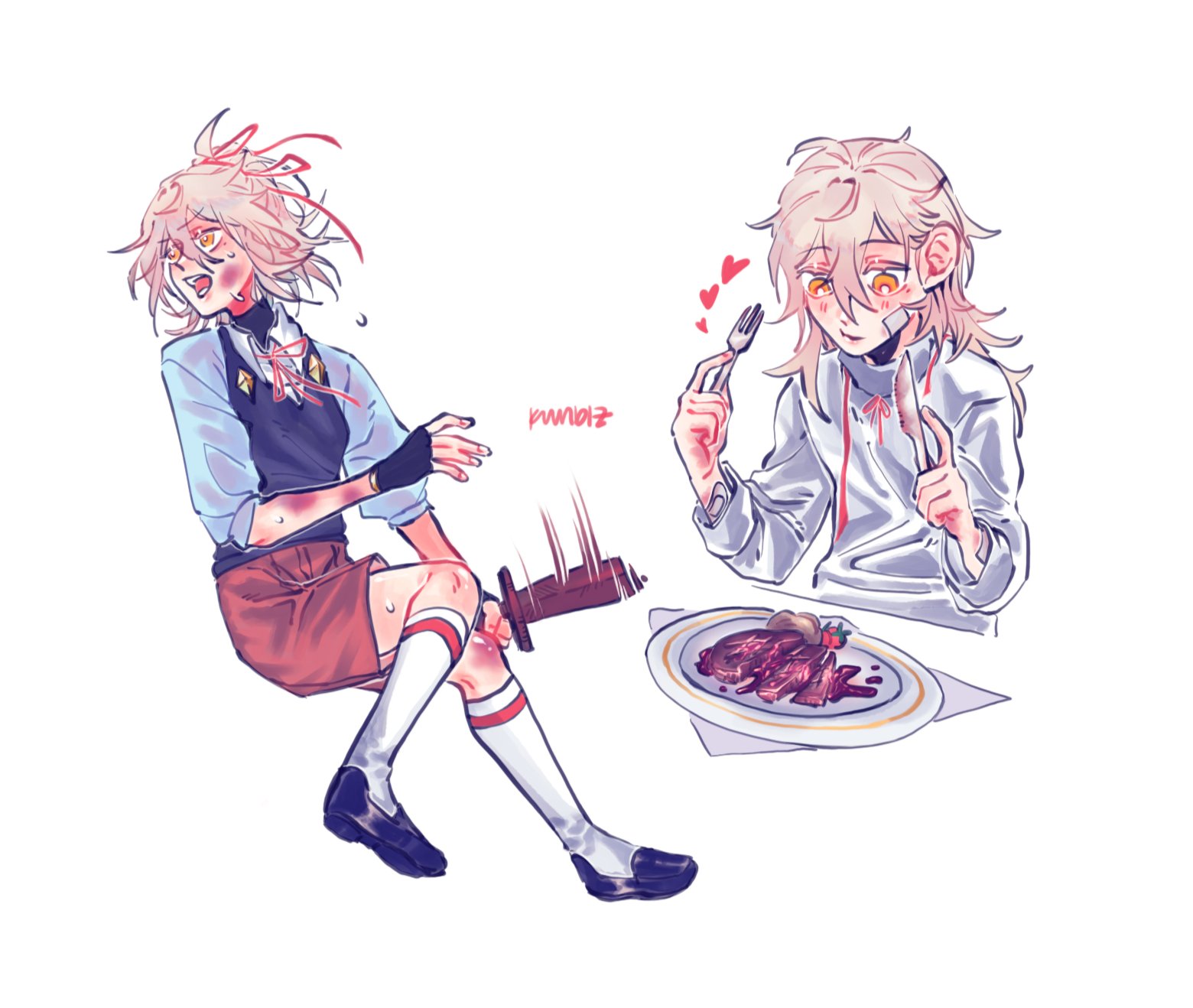 the image is a cartoon drawing of two female anime characters. the character on the left is dressed in a blue shirt, red skirt, and white socks. she is holding a knife and is sitting with her legs crossed. she is smiling and looks happy. the character on the right is dressed in a white shirt and is sitting at a table eating steak. she is also smiling and appears happy.